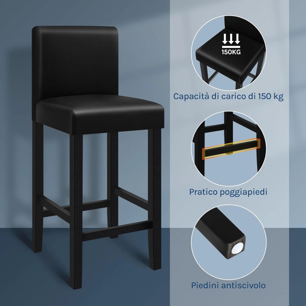 Sgabello da Bar con Schienale Poggiapiedi Sedie da Pranzo Imbottita Sedia Alta per Ristorante Cucina Legno+PVC Nero 2 Pezzi