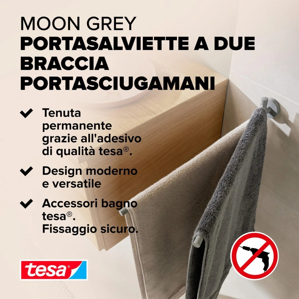 MOON GREY Portasciugamani a 2 Bracci per bagno e WC in stile industriale e bagni moderni - Senza foratura, soluzione adesiva inclusa - 84 mm x 50 mm x 456 mm - Grigio opaco