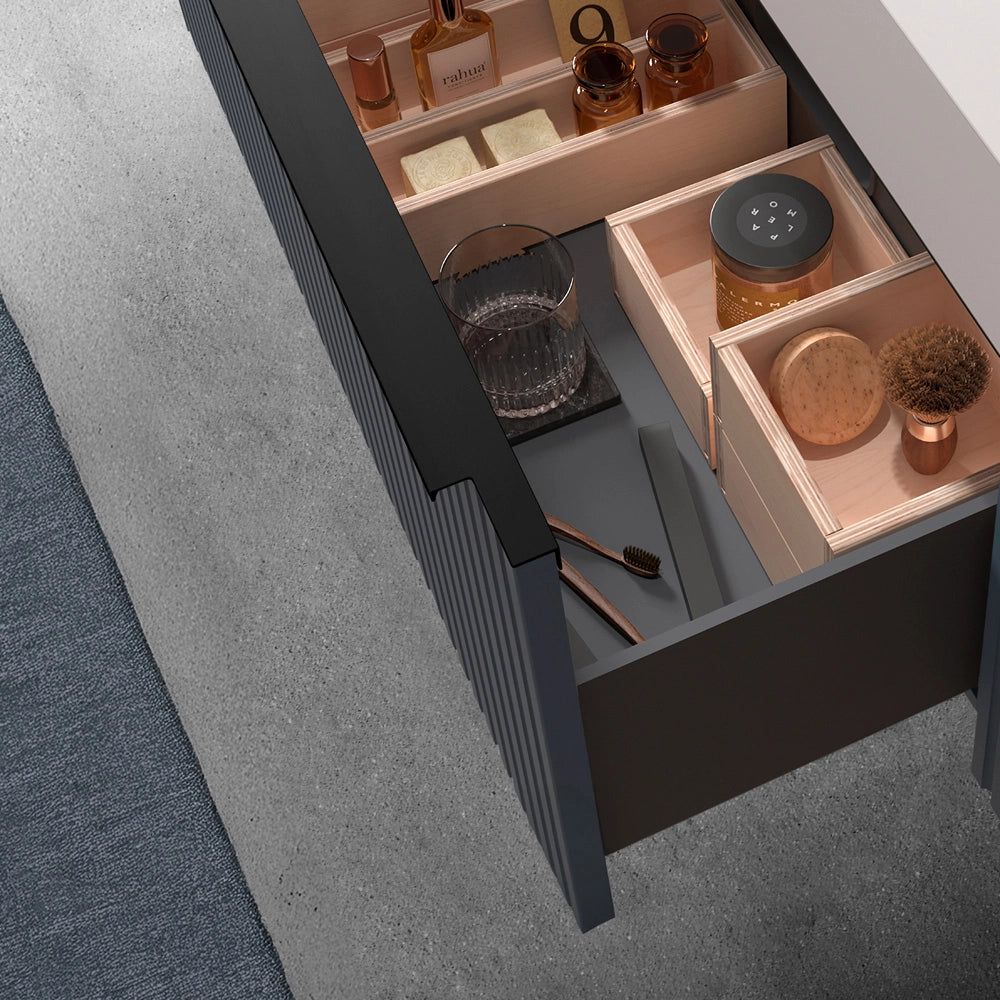 Mobile bagno sospeso 80 cm blu notte opaco cannettato con cassetto e lavabo Nara