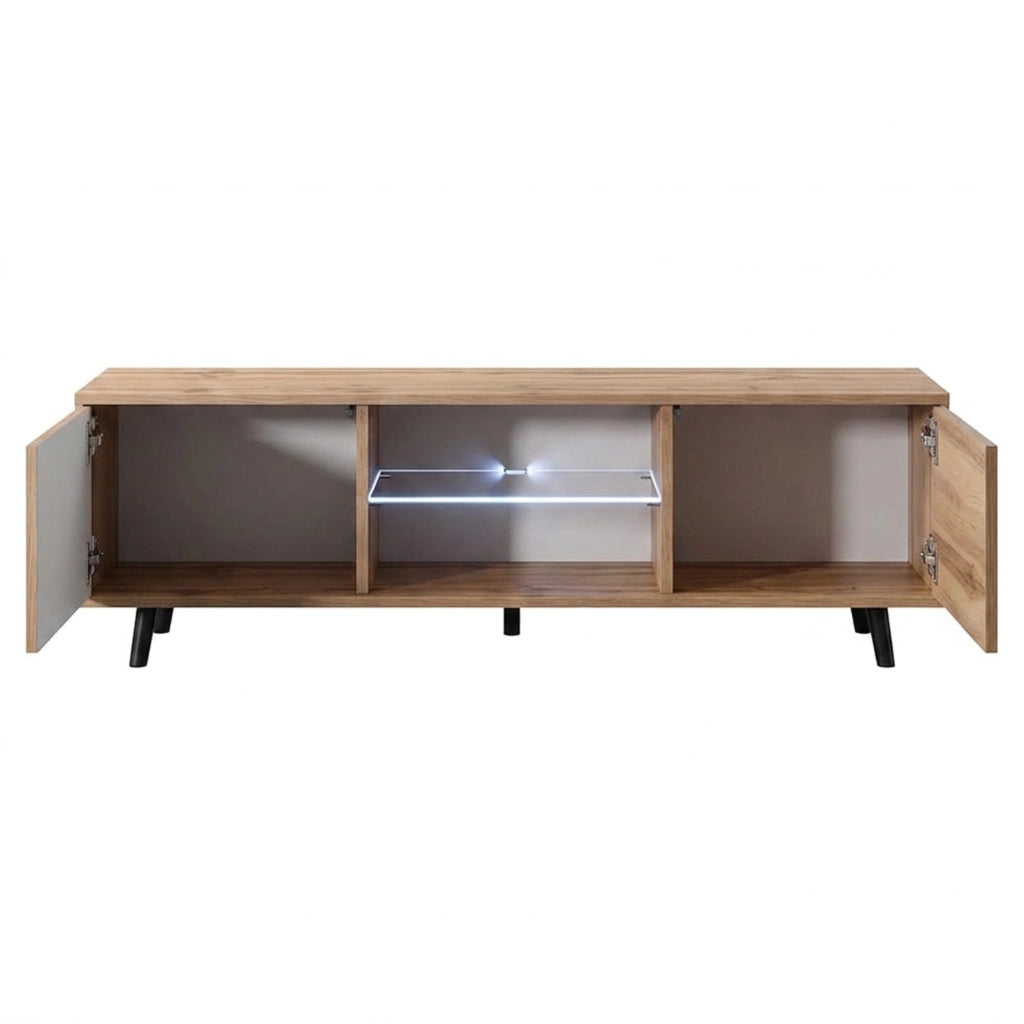 Mobile TV In Melaminico Con 2 Ante Battenti Vano Centrale Con Ripiano In Vetro E LED Piedini In Metallo Per Soggiorno Salotto Zona Living 140 X 31.5 X 40 Cm Rovere