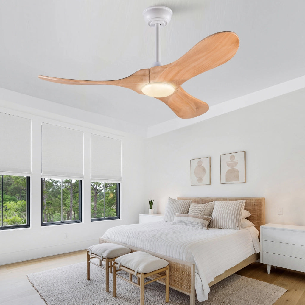 Ventilatore da soffitto 42 pollici con illuminazione e telecomando, 3 pale legno massello naturale, 3CCT dimmerabile, reversibile, 6 vel, timer