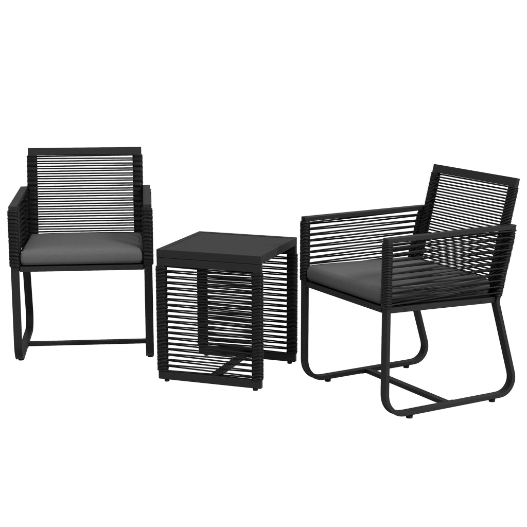 Set da Giardino in Rattan con 2 Poltroncine con Cuscini e Tavolino da Caff¨¨ in Vetro, Nero