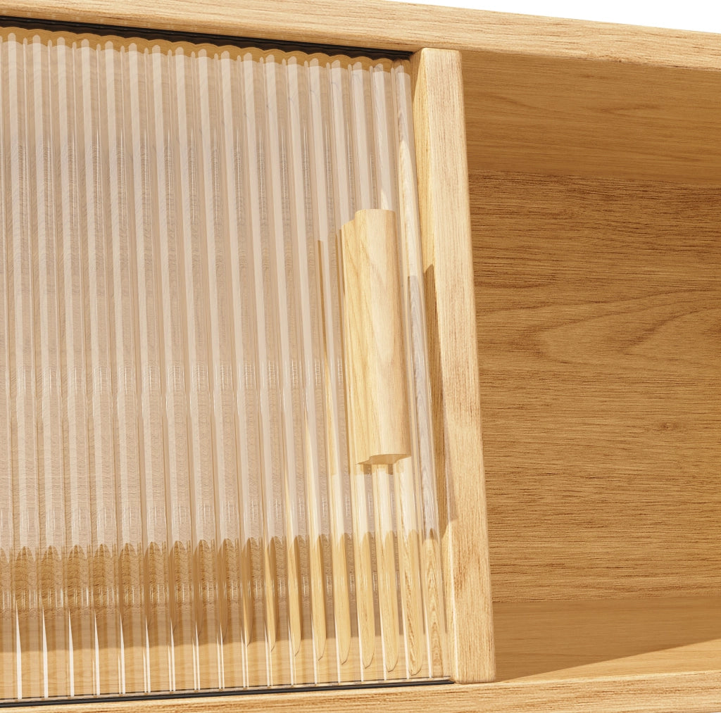 Credenza 140x40.5x174.5 cm con ante scorrevoli in vetro; 3 cassetti e ripiani aperti in MDF e metallo; naturale