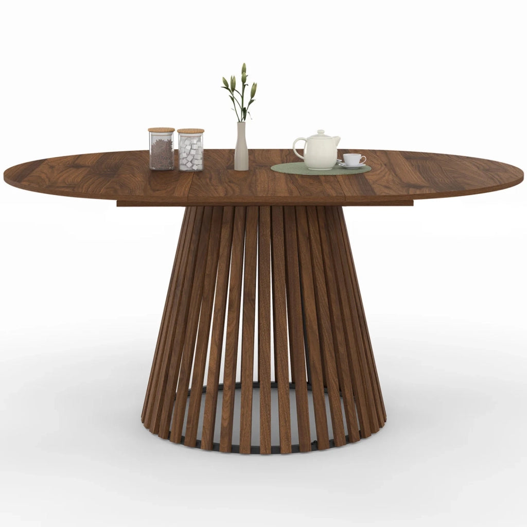 IDMarket - CARMEN tavolo da pranzo rotondo allungabile 4-8 persone con gamba a doghe in noce e piano in noce 110 - 150 cm