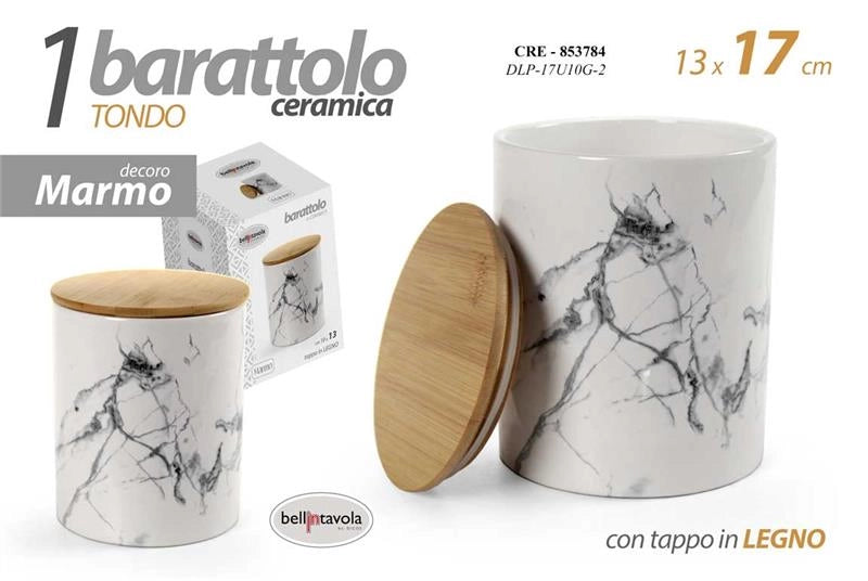 BARATTOLO IN CERAMICA EFFETTO MARMO CON TAPPO DI LEGNO ERMETICO 13X13X17CM