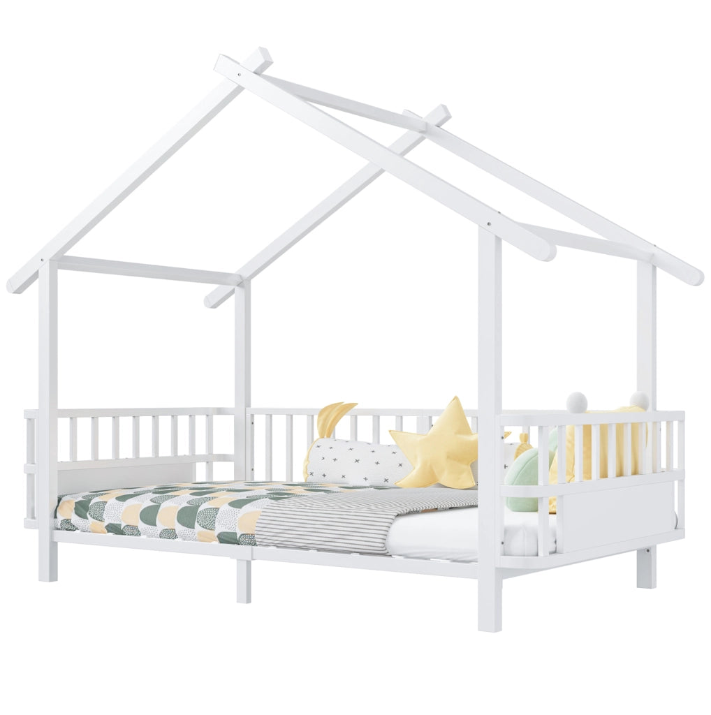 Letto per bambini 90x200 cm con barriera di sicurezza e struttura a casetta in metallo bianco