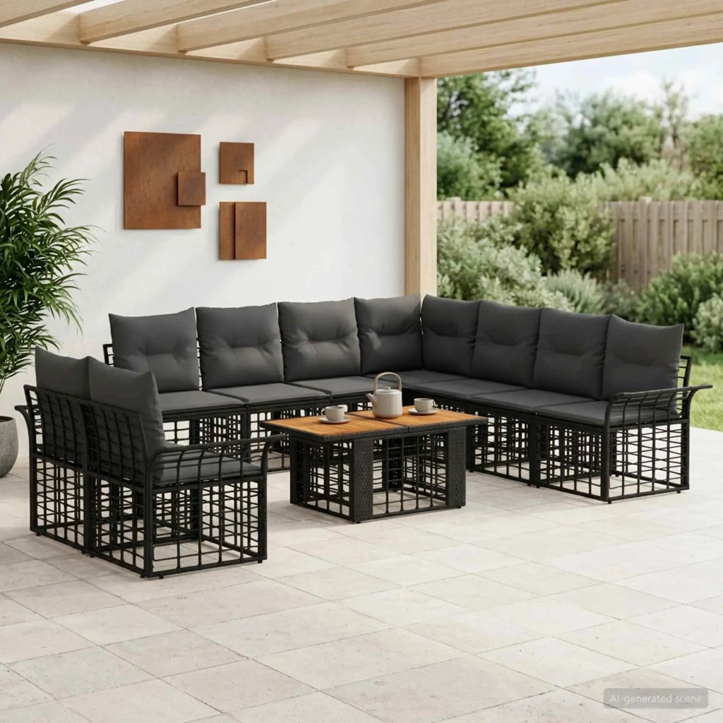 Set Divano da Giardino 10 pz Nero e Grigio scuro polyrattan 3437991