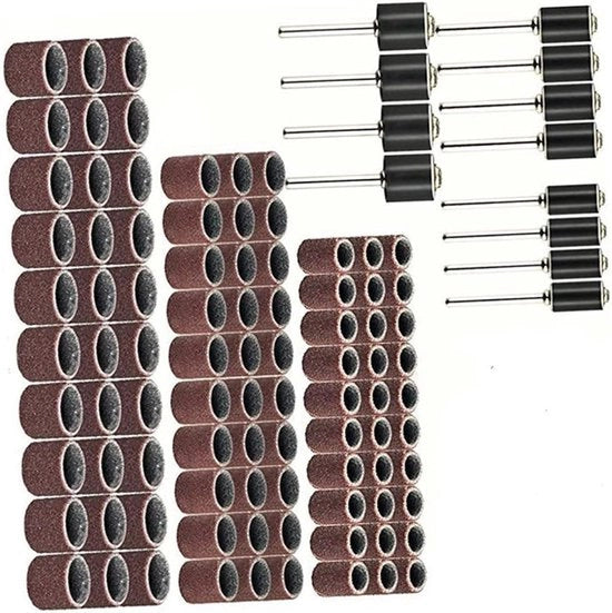 Strumento di pulizia per sabbia con tamburo di sabbia in acciaio, 102 pezzi, per schiuma di sabbia rotante con schiuma abrasiva - strumento per smerigliare e lucidare con specifiche tecniche in HTML.