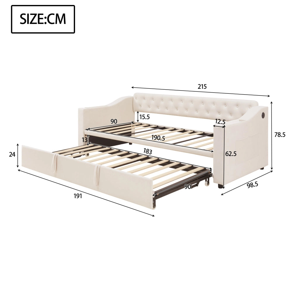 Divano letto imbottito 90x190 cm trasformabile in 180x190 cm; velluto beige con USB