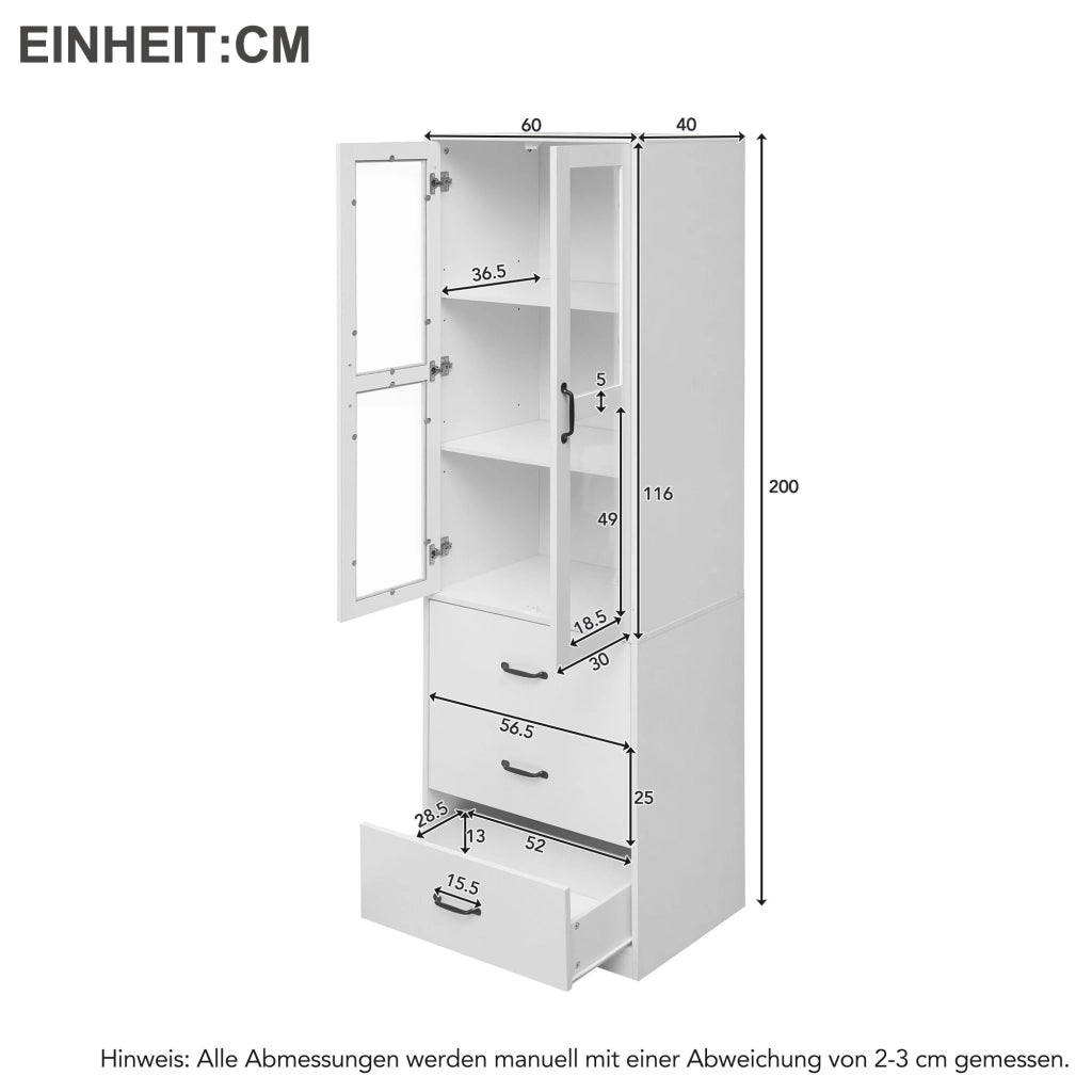 Vetrina bianca alta 200 cm con 2 ante, 3 cassetti e illuminazione LED USB