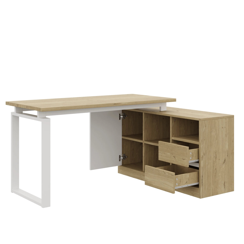 Scrivania Angolare con Cassetti e Ripiani ¨C MINIMAL ¨C Legno Naturale e Bianco 152x113x76