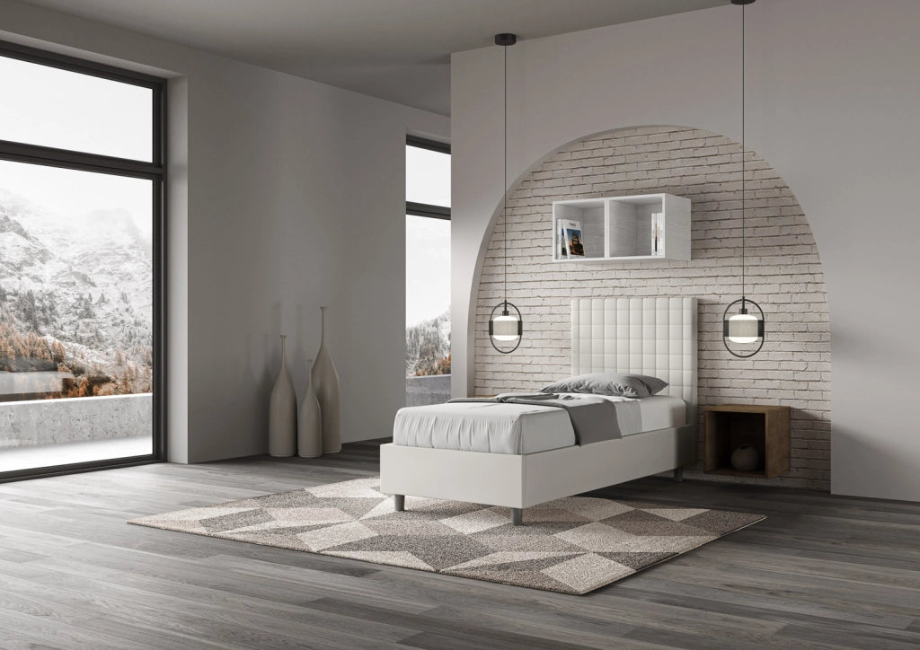 BS COM Letto singolo con rete imbottito 90x210 similpelle bianco