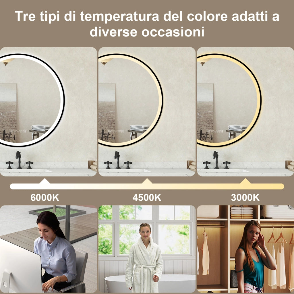 Specchio bagno Tondo Diametro 60cm Retroilluminato Con Led, Antiappannamento + 3 Luci + orologio