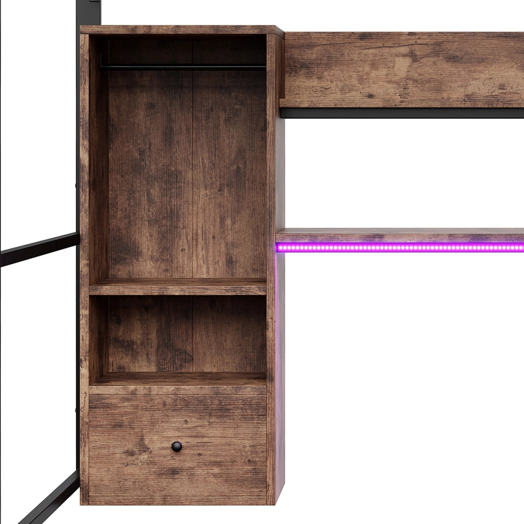 Letto a soppalco 140x200 cm nero con scrivania, LED, cassetto e ripiani