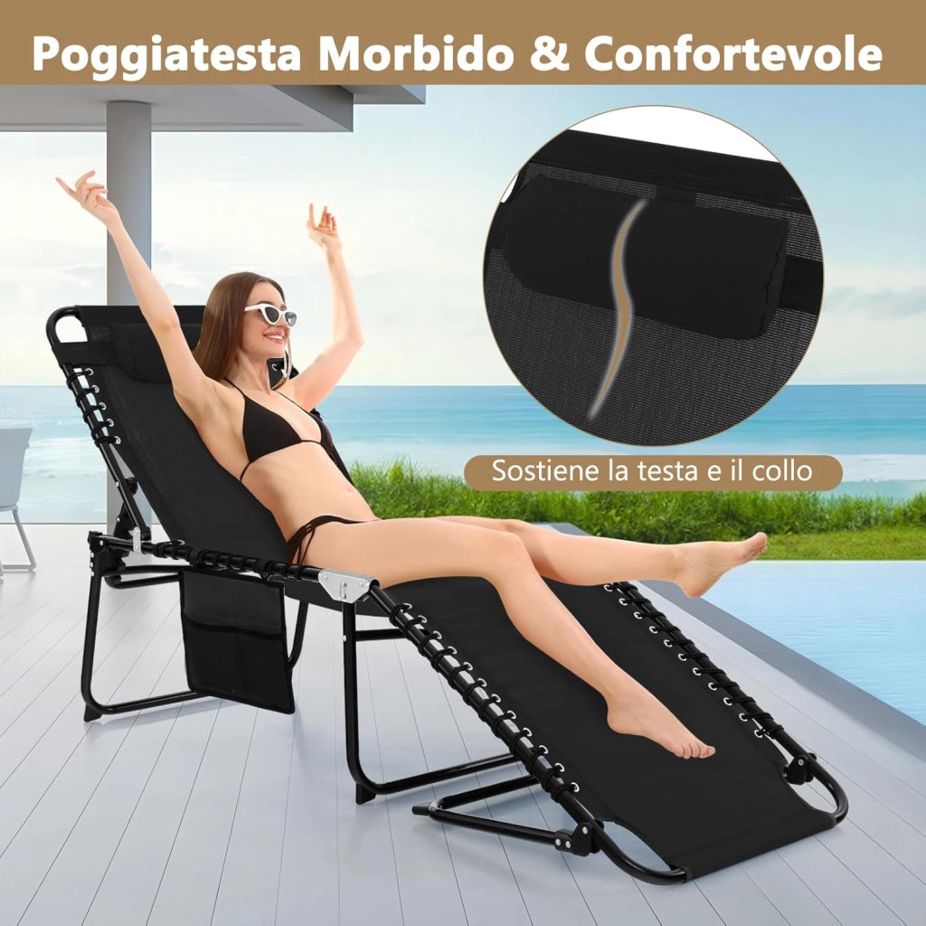 Lettino da Spiaggia Pieghevole Portatile, Sdraio da Mare con Schienale Regolabile 4 Posizioni, Tasca Laterale e Poggiatesta Staccabile, per Giardino e Campeggio, Portata 150 kg (Nero)