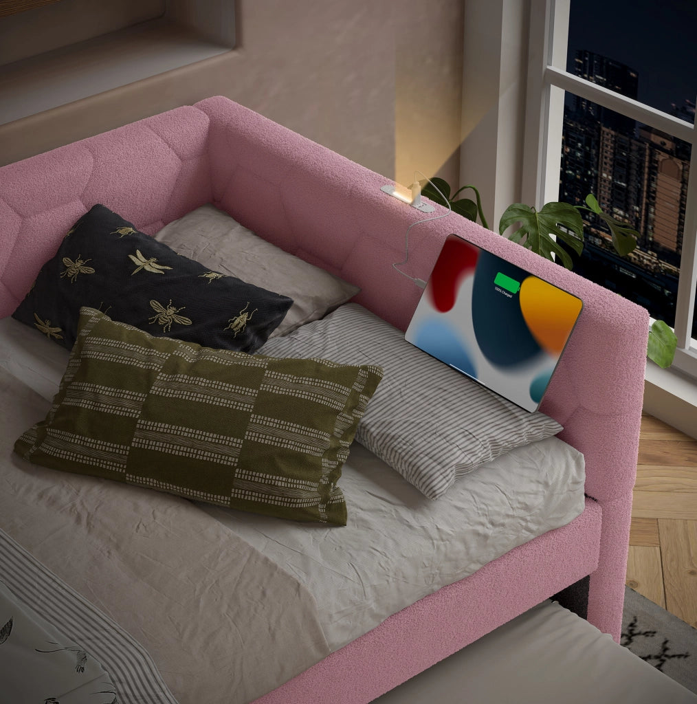 Letto da giorno ULEVR 90x200 cm in boucl¨¦ rosa con letto estraibile, luce da comodino, USB e Type-C