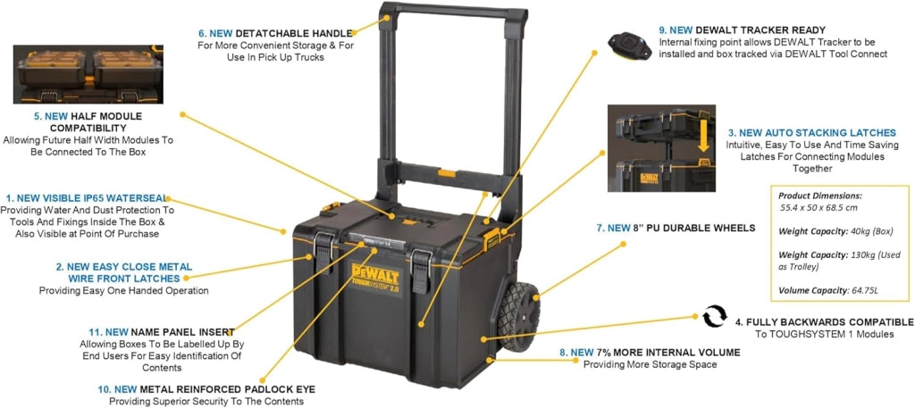 DEWALT DWST83295-1 - VASCA CON RUOTE - Schiuma strutturale di polipropilene espanso, Speciale disegn dell’apertura del coperchio con maniglia mobile per garantire il massimo volume di stoccaggio