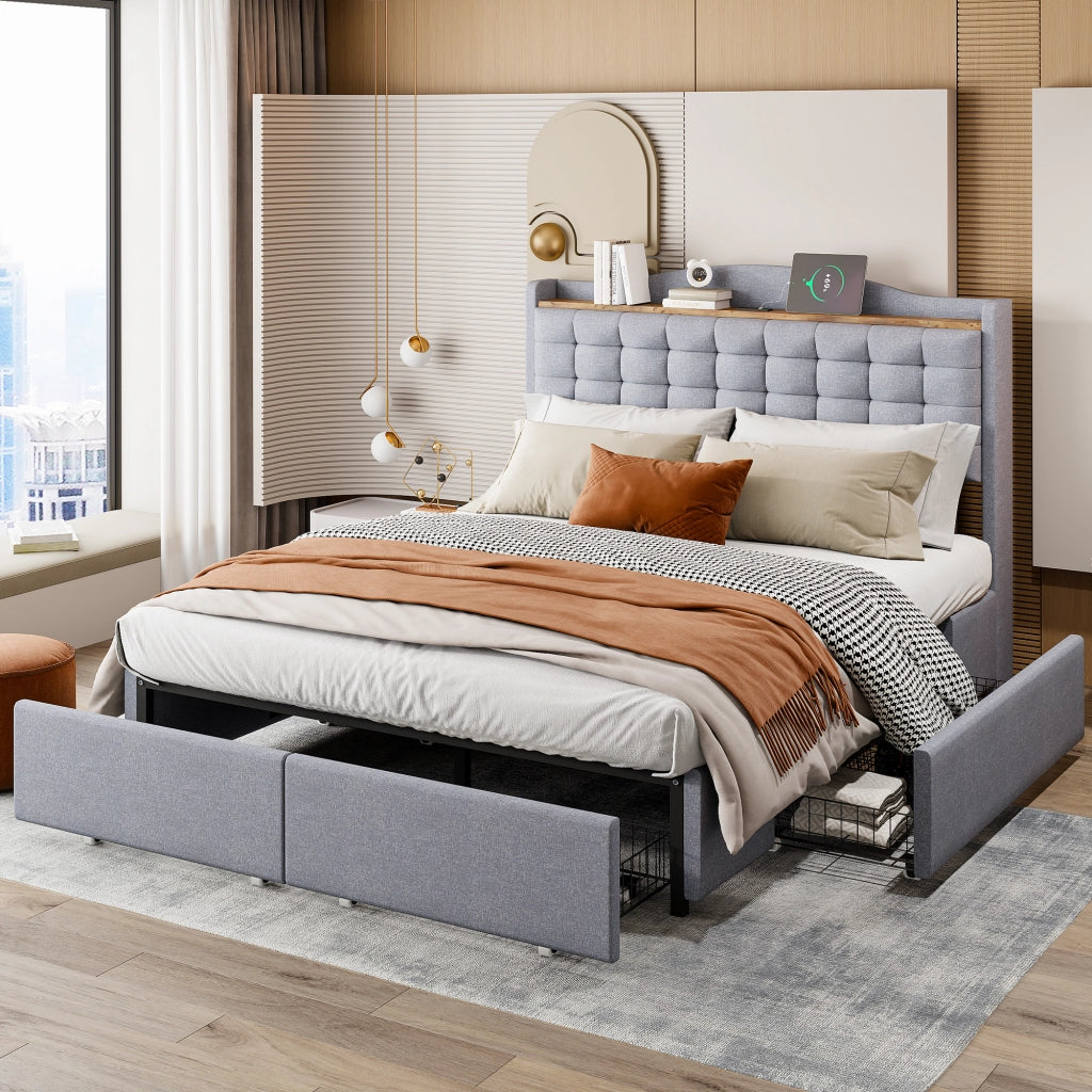 Letto Contenitore 140x200 cm; Letto Matrimoniale con USB; 4 Cassetti e Ripiano in Grigio