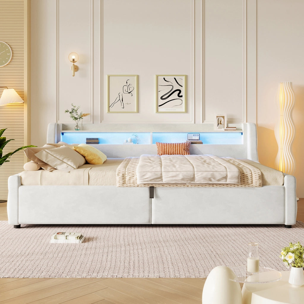 Letto Singolo 140x200 cm; 1 Posto - Contenitore e LED - in Flanella - Off White