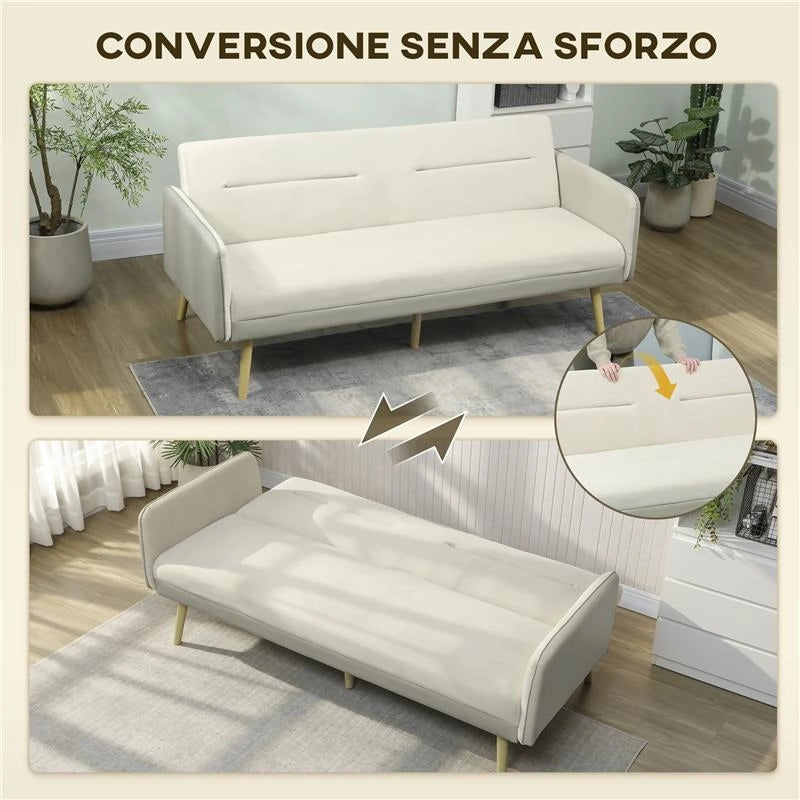 DIVANO LETTO 3 POSTI CON SCHIENALE RECLINABILE E RIVESTIMENTO EFFETTO VELLUTO, 185X84X83 CM, BEIGE