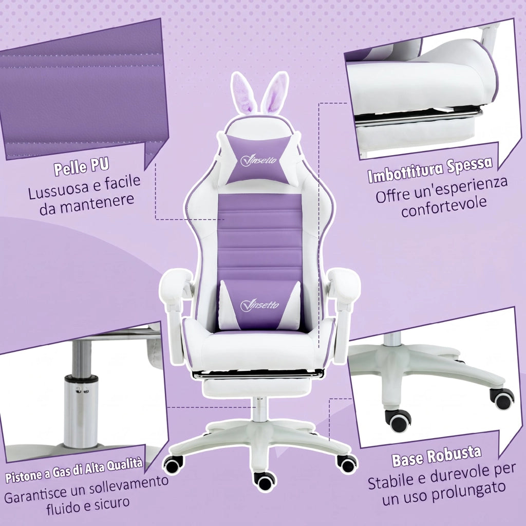 Sedia Gaming con Orecchie da Coniglio, Poggiapiedi, Cuscini, Reclinabile e Altezza Regolabile, Viola