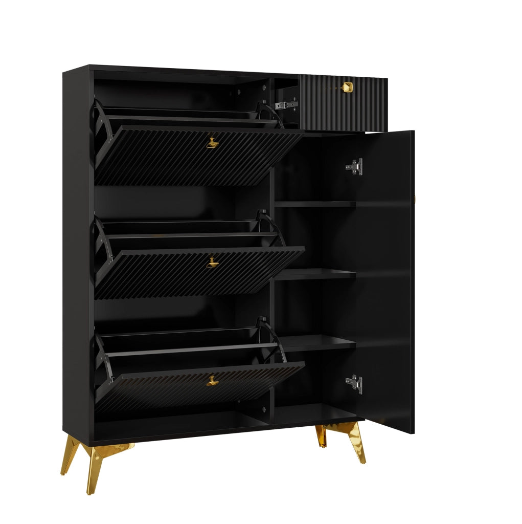 Scarpiera stretta 90x25x121 cm nera in truciolare e MDF con 3 ribalte