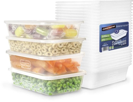 Bacchette plastic riutilizzabili con coperchio (500 ml) per la conservazione di cibi e pasti, resistente al microonde e lavastoviglie, BPA-free e riciclabile, 25 pezzi