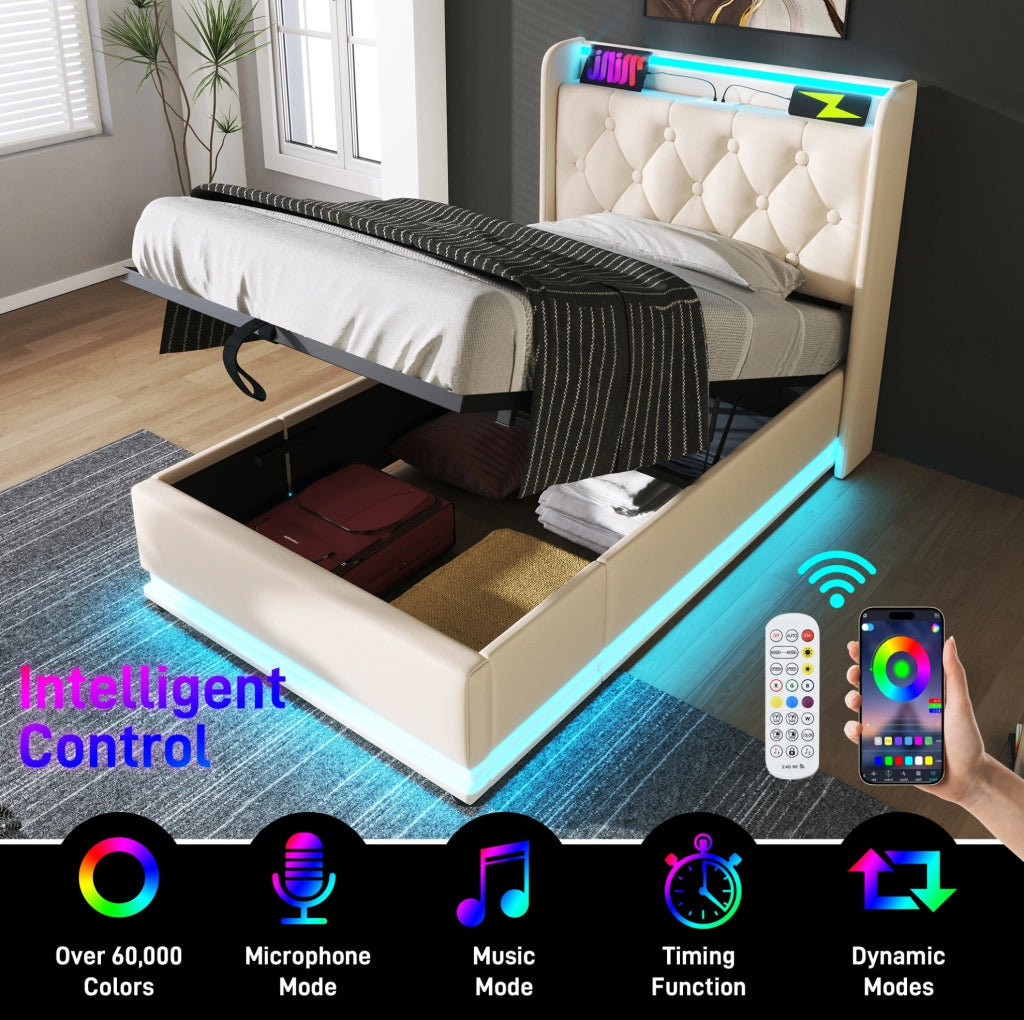 Letto singolo ULEVR 90x200 cm contenitore idraulico con LED 360¡ã, USB e Type-C, PU bianco