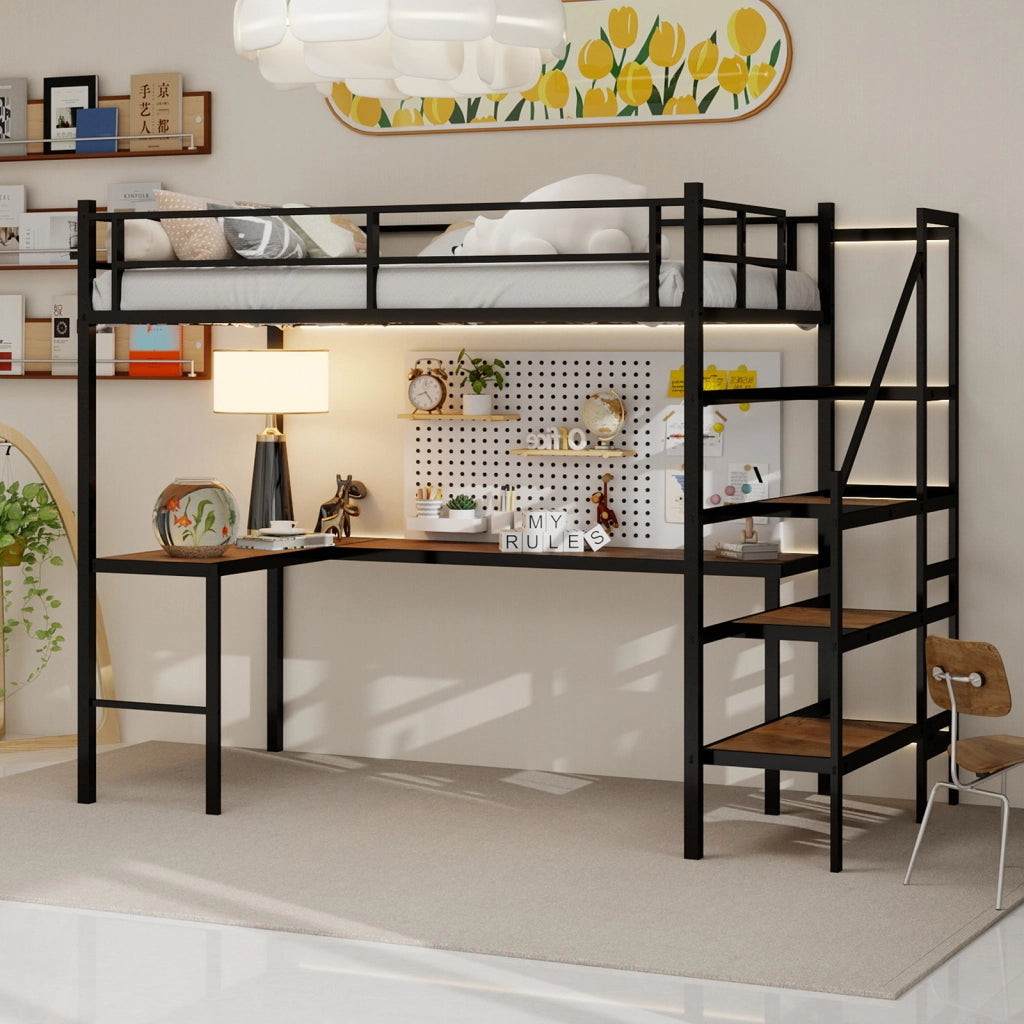 Letto a castello nero con scrivania a L funzione di stoccaggio ferro 90x190 cm