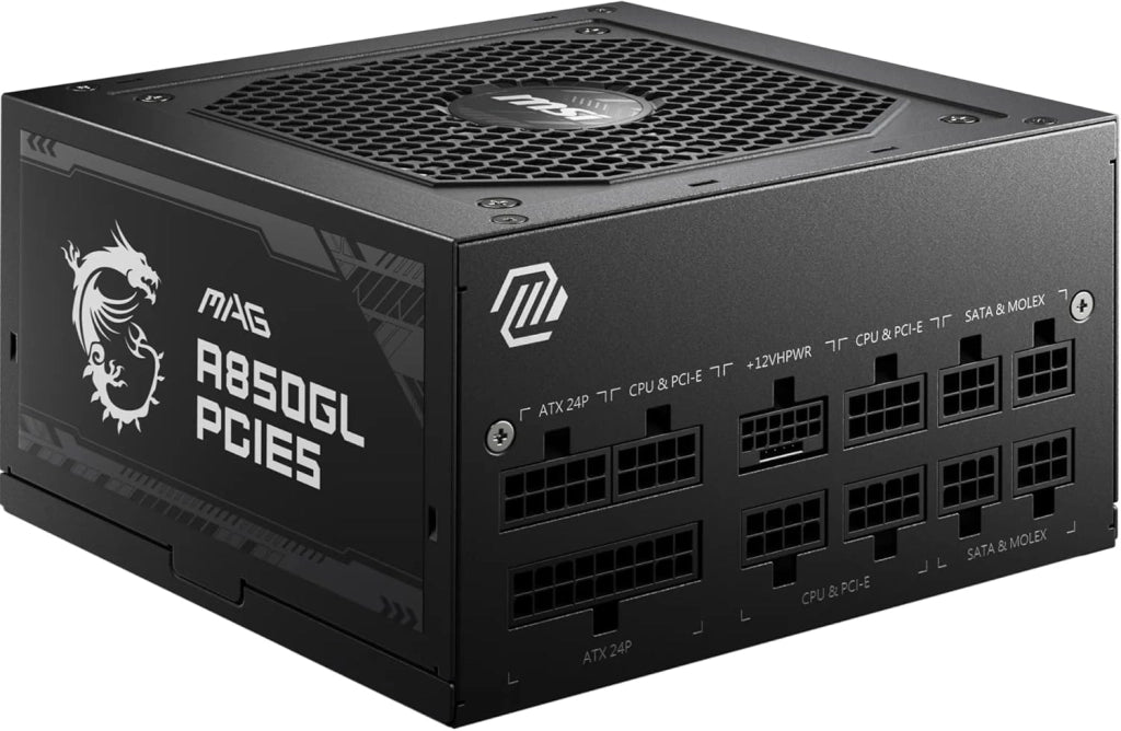 MAG A850GL PCIE5 Alimentatore 850W, 80 Plus Gold, completamente modulare, ATX 3.0, supporto GPU PCIe 5.0, ventola FDB da 120 mm, Full-Bridge LLC, cavi neri piatti