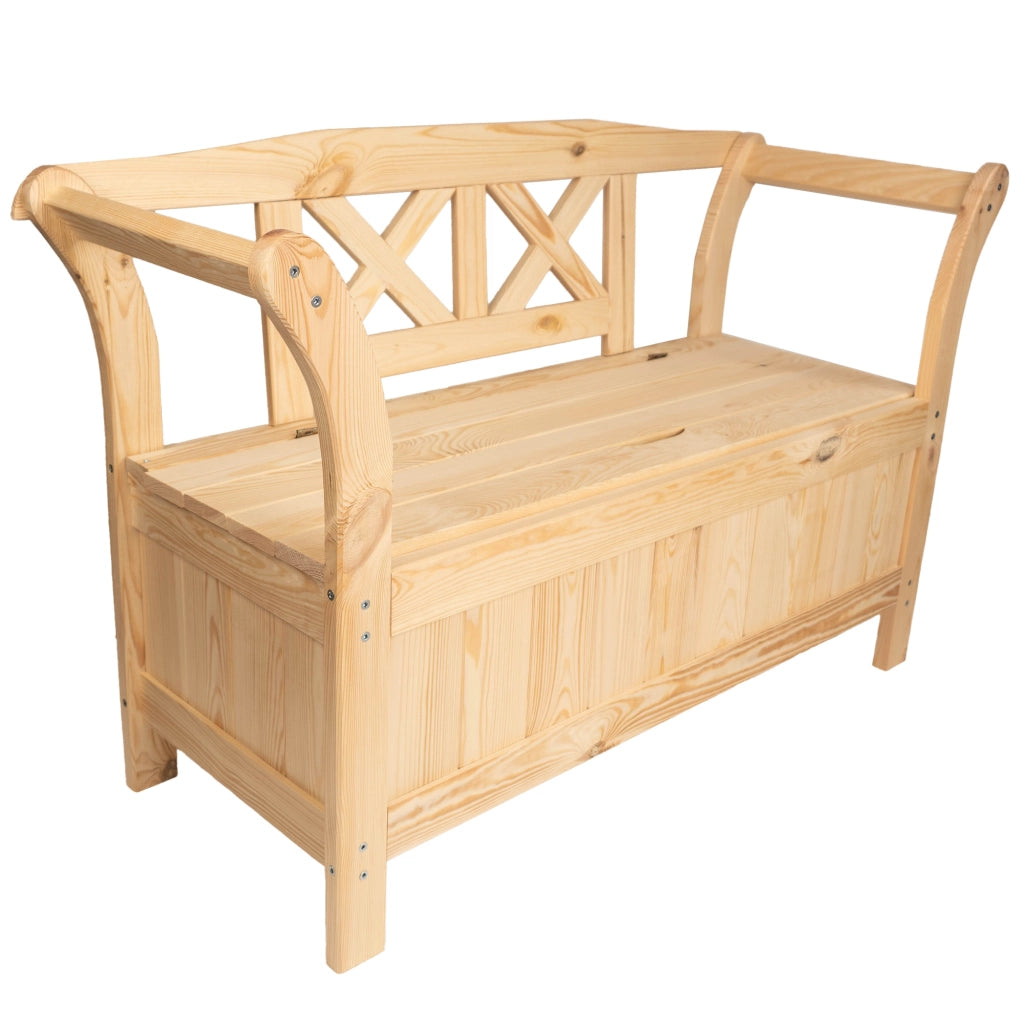Panchina da giardino in legno KADAX con contenitore e schienale per terrazzo, 119 cm
