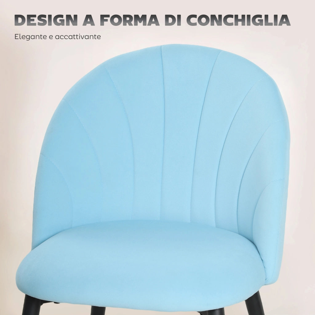 Set 2 Sedie da Pranzo Imbottite con Velluto e Schienale a Conchiglia ¨C zephmum ¨C Azzurro 52x55x79 cm