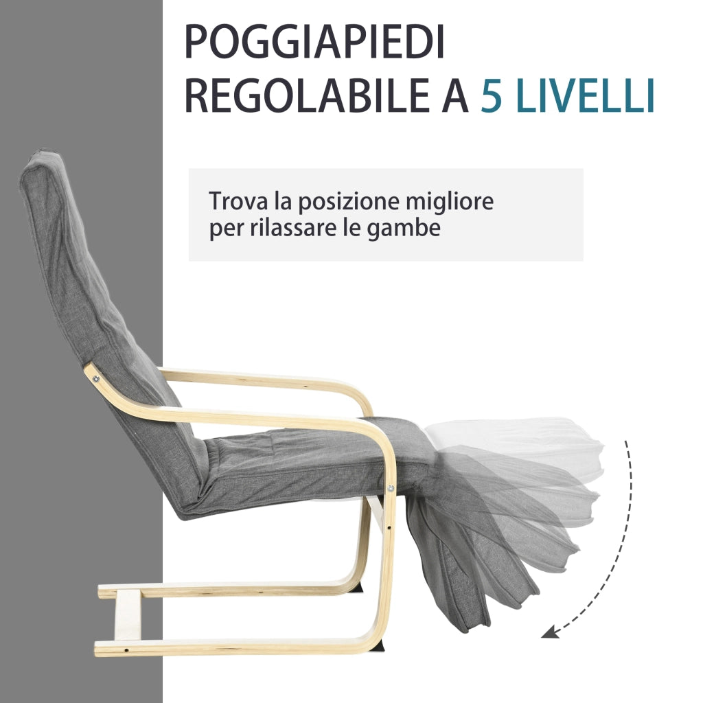 Poltrona Relax con Poggiapiedi a 5 Livelli e Poggiatesta in Legno di Betulla e Tessuto, Grigio