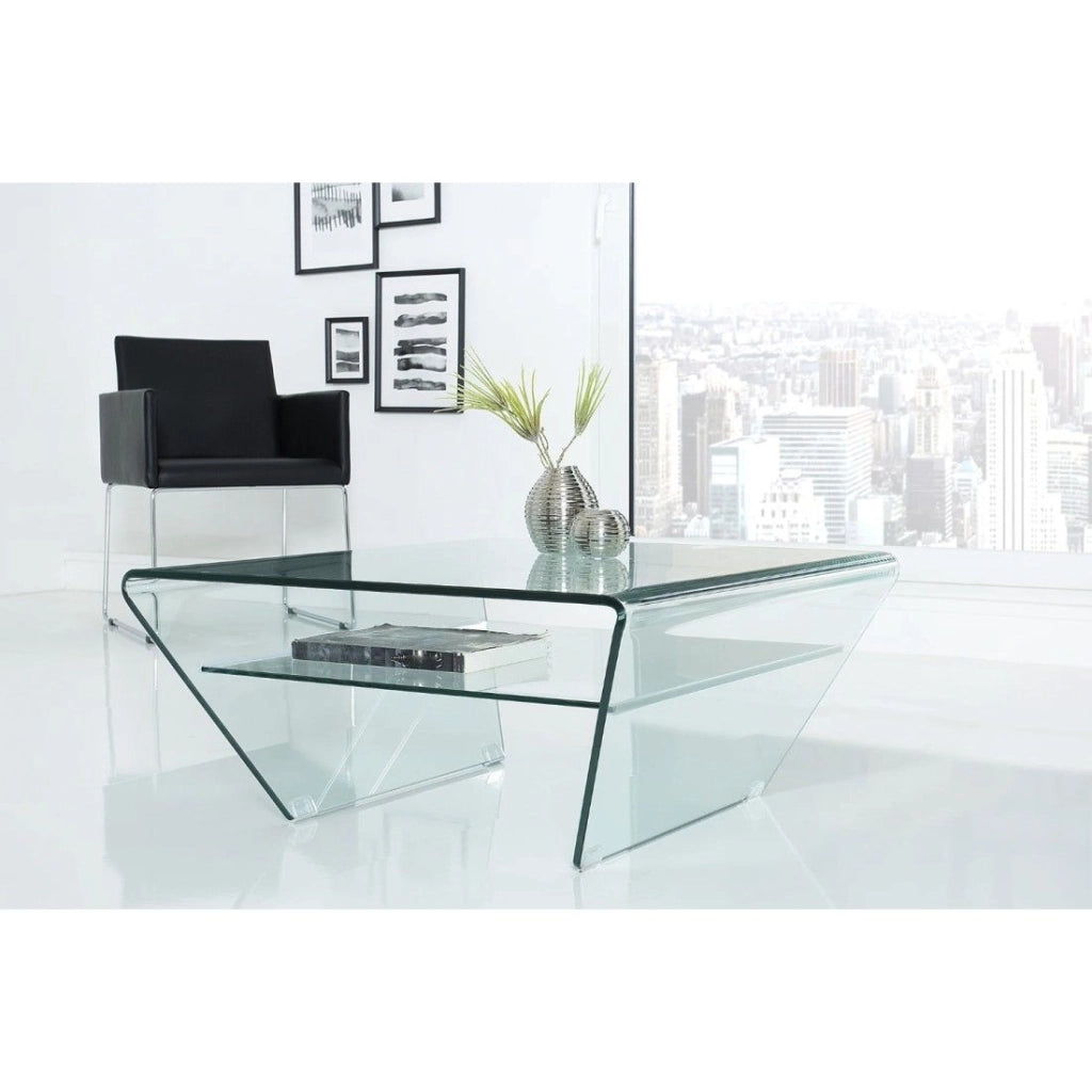 Tavolino basso HOLOW con ripiano – Tavolino basso design asimmetrico in vetro temperato