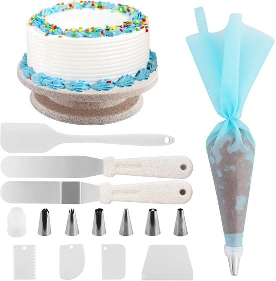 Impasto girevole a 360 gradi - Tavola per torte - Set di decorazioni per torte - Sacchetto per spolvero - Bocchette per spolvero - Coltelli in acciaio inossidabile - Supporto per torte