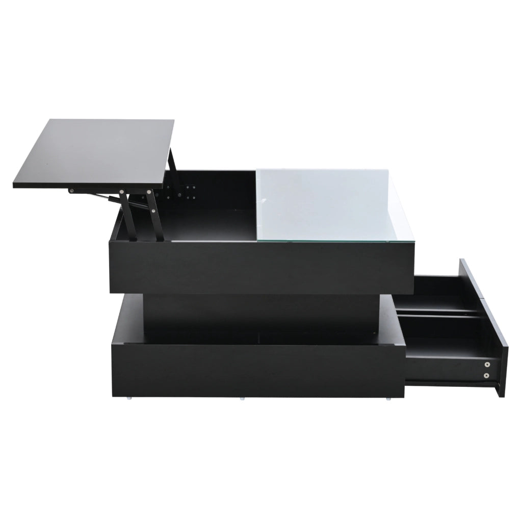Tavolino da caffè nero 80x80 cm elevabile con LED, vetro e 2 cassetti