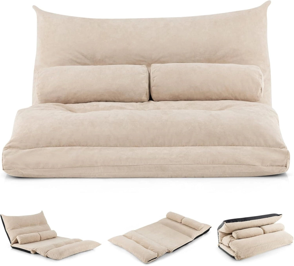 Divano da Terra Pieghevole, Divano Letto 2 Posti con Schienale Regolabile, Divano da Pavimento Trasformabile con 2 Cuscini per Camera da Letto Salone Balcone (Beige)