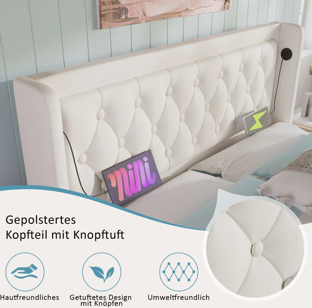 Letto matrimoniale 140x200 cm in PU bianco con contenitore; LED 3 lati e USB Type-C
