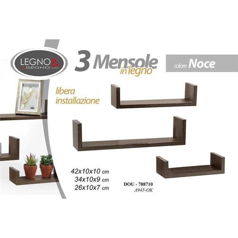 MAURY'S SET 3 MENSOLE LINEARI IN DIFFERENTI DIMENSIONI CON FINITURA NOCE
