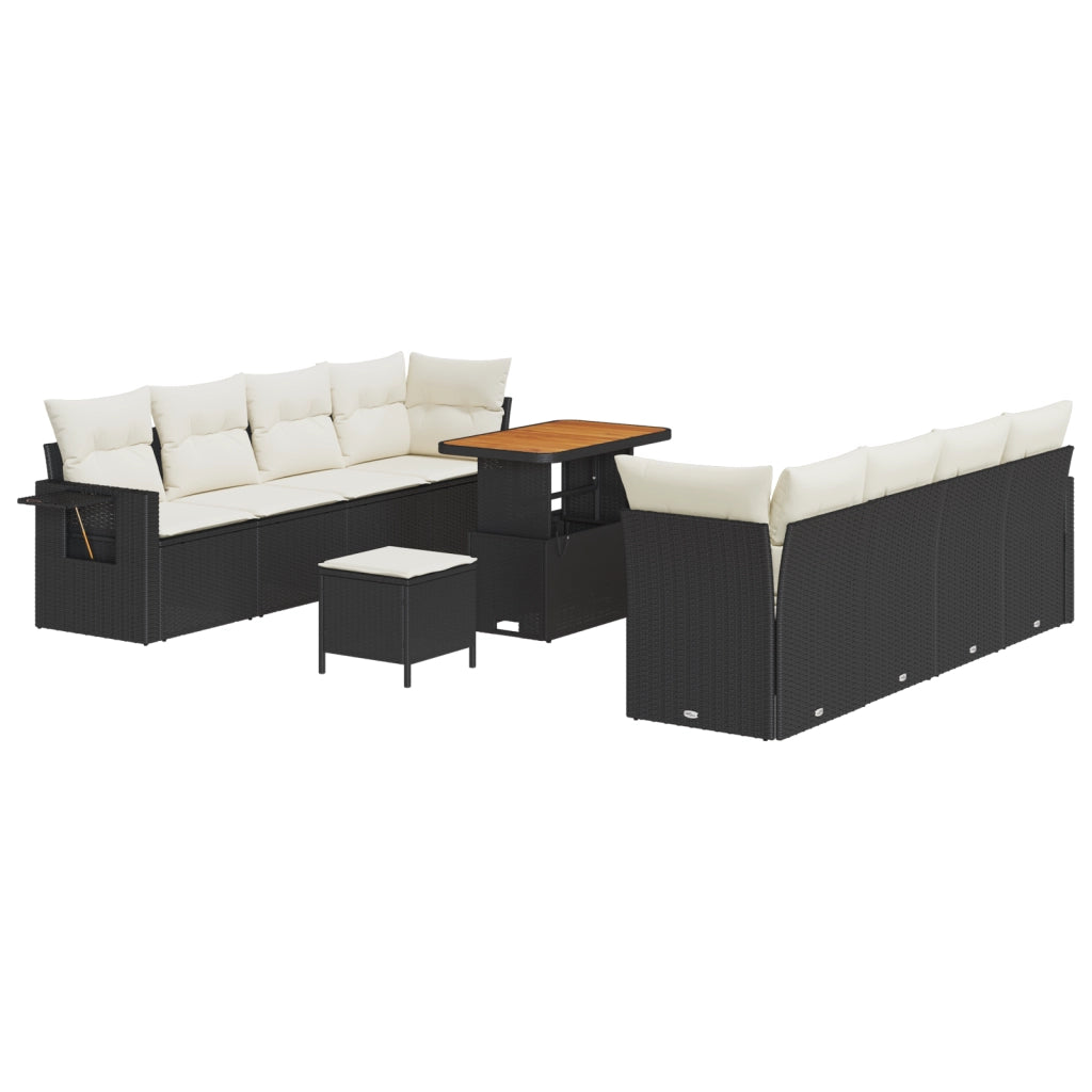 Set di Divani da Giardino a 11 Pezzi con Cuscini in Rattan Nero e Panna Acacia