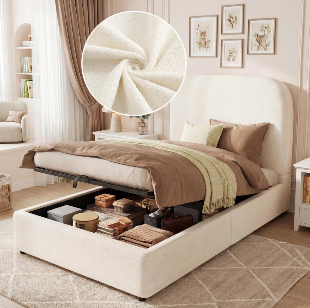 Letto imbottito per bambini con contenitore idraulico; rete a doghe; bouclé beige