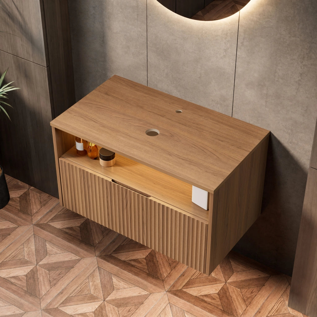 Mobile da bagno con cassetto in compensato finitura rovere marrone