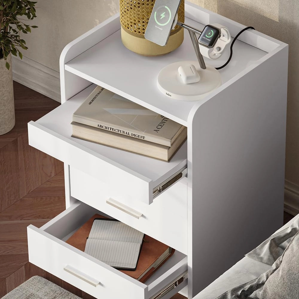 Comodino Edis, Bianco, 45 x 64 cm con 3 cassetti