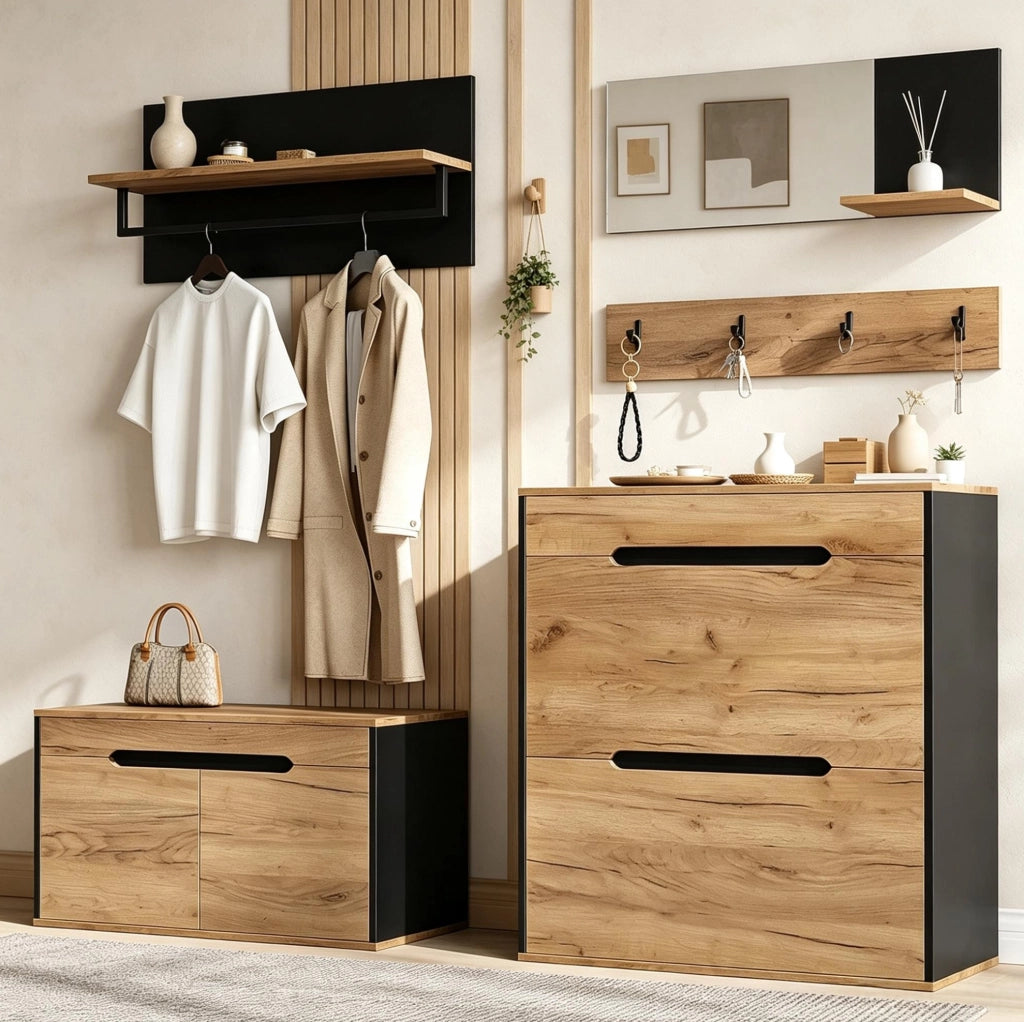 Set ingresso modulare 156x36x176 cm con specchio; scarpiera ribaltabile; 4 ganci; naturale e nero