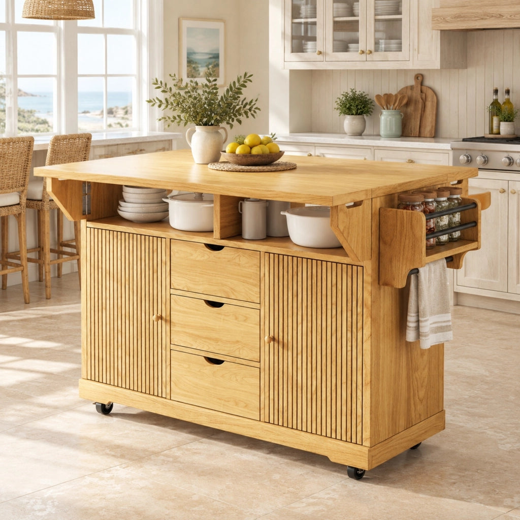 Isola da cucina mobile con piani ribaltabili, 3 cassetti, marrone