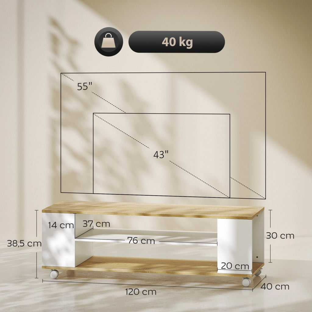 Mobile TV con ruote 120 cm ¨C zephmum ¨C bianco e naturale