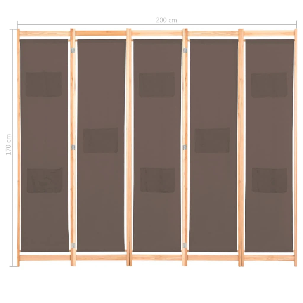 Divisorio divisorio mobile decorativo 5 pannelli marrone 200 x 170 x 4 cm tessuto 0802089