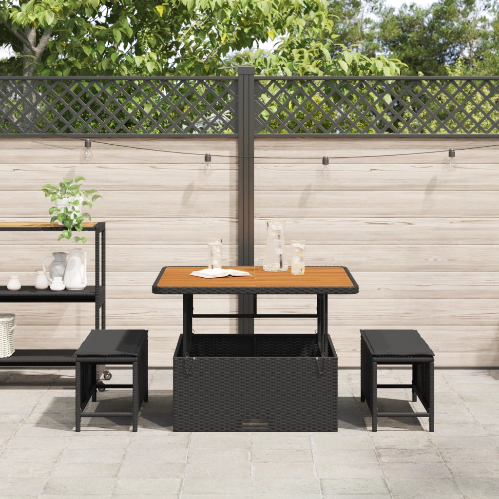 Set da pranzo da giardino in 3 pezzi con cuscini neri in polyrattan e acacia