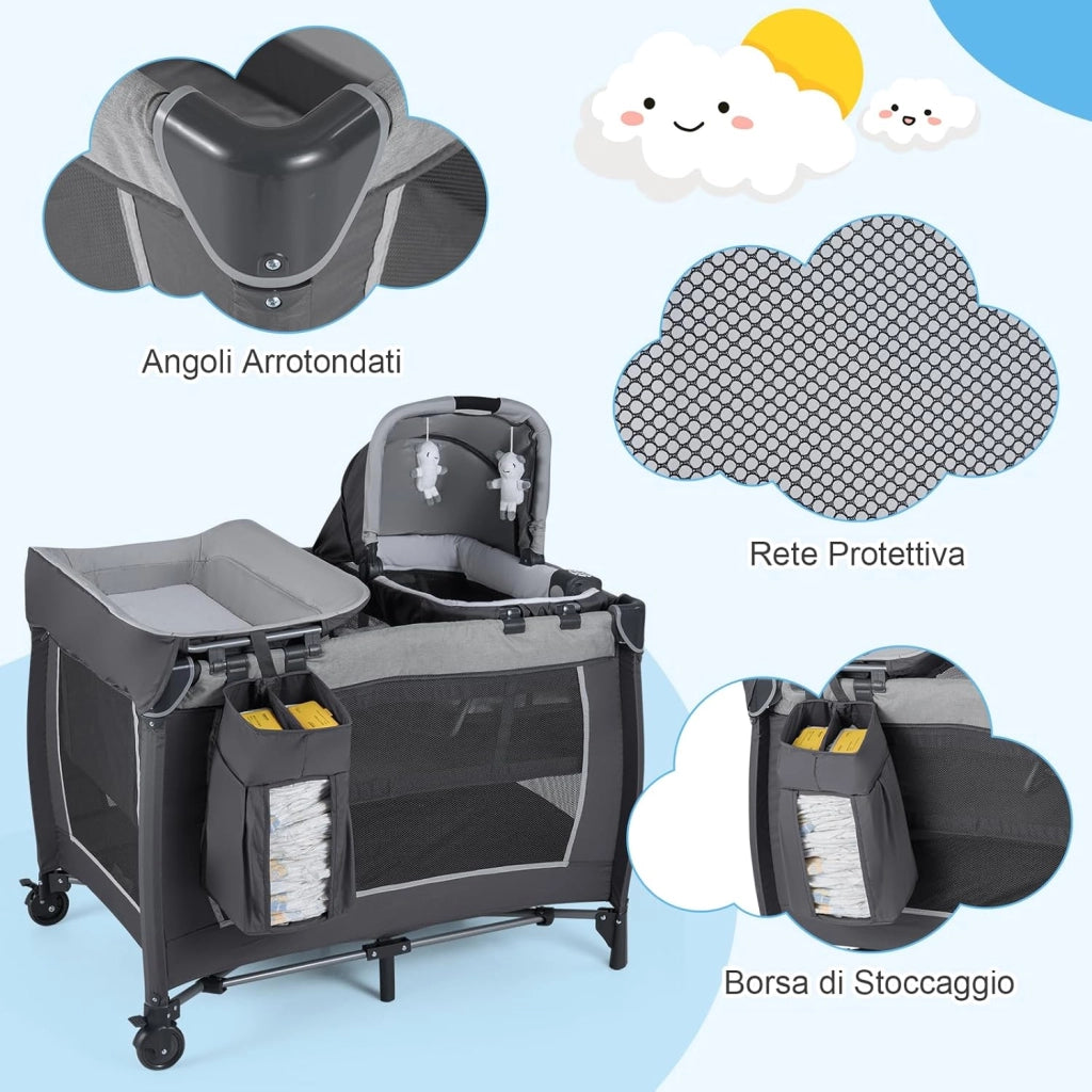 Culla Campeggio Bambini 5 in 1, Lettino Viaggio Neonati Pieghevole con Materasso, Fasciatoio e Tettoia, Box Portatile con Ruote, 2 Giocattoli Appesi e Carillon, per Bambini 0-3 Anni (Grigio)