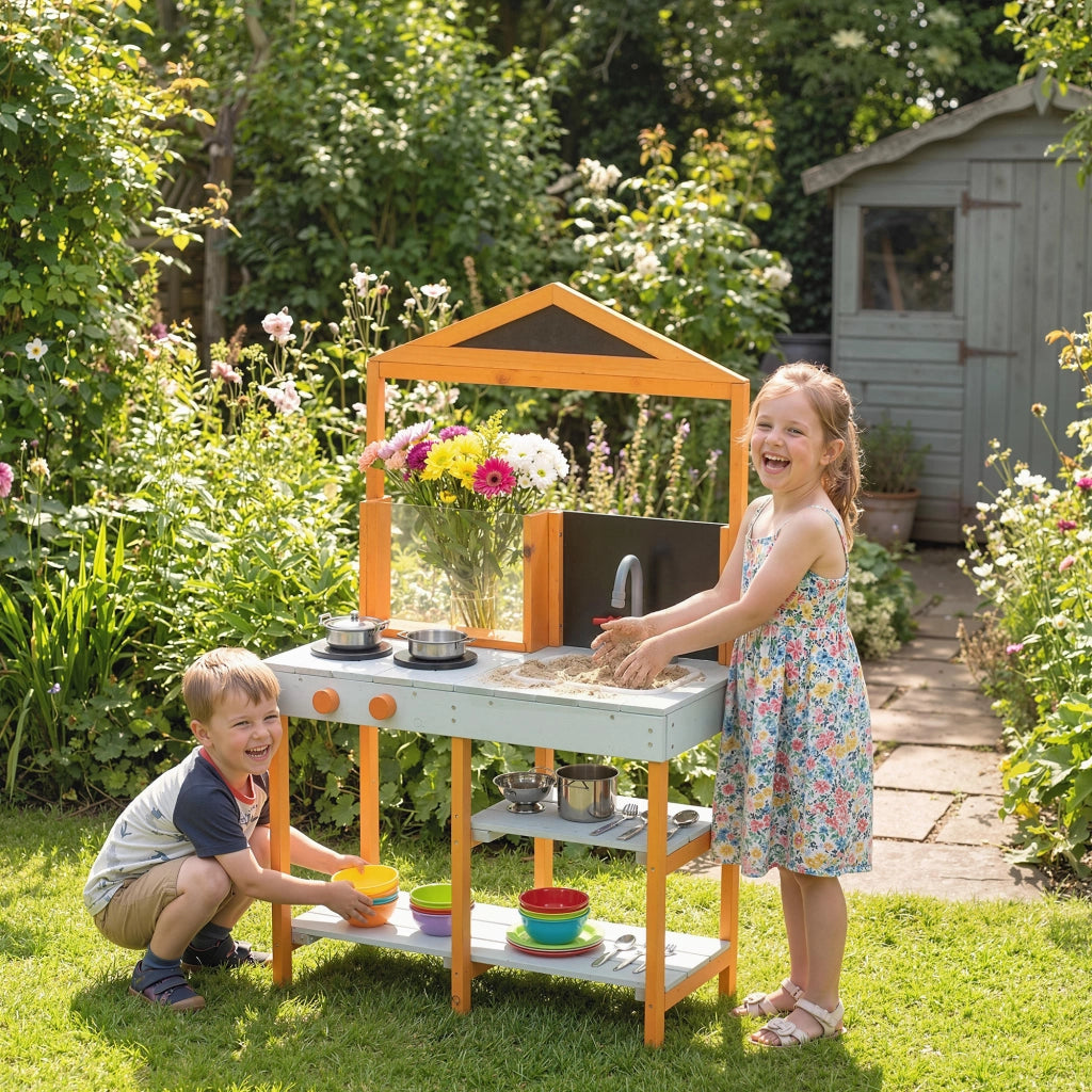 Cucina da gioco per bambini in legno per esterno con piano cottura, lavello amovibile e scaffali ¨C Minimal ¨C Blu chiaro